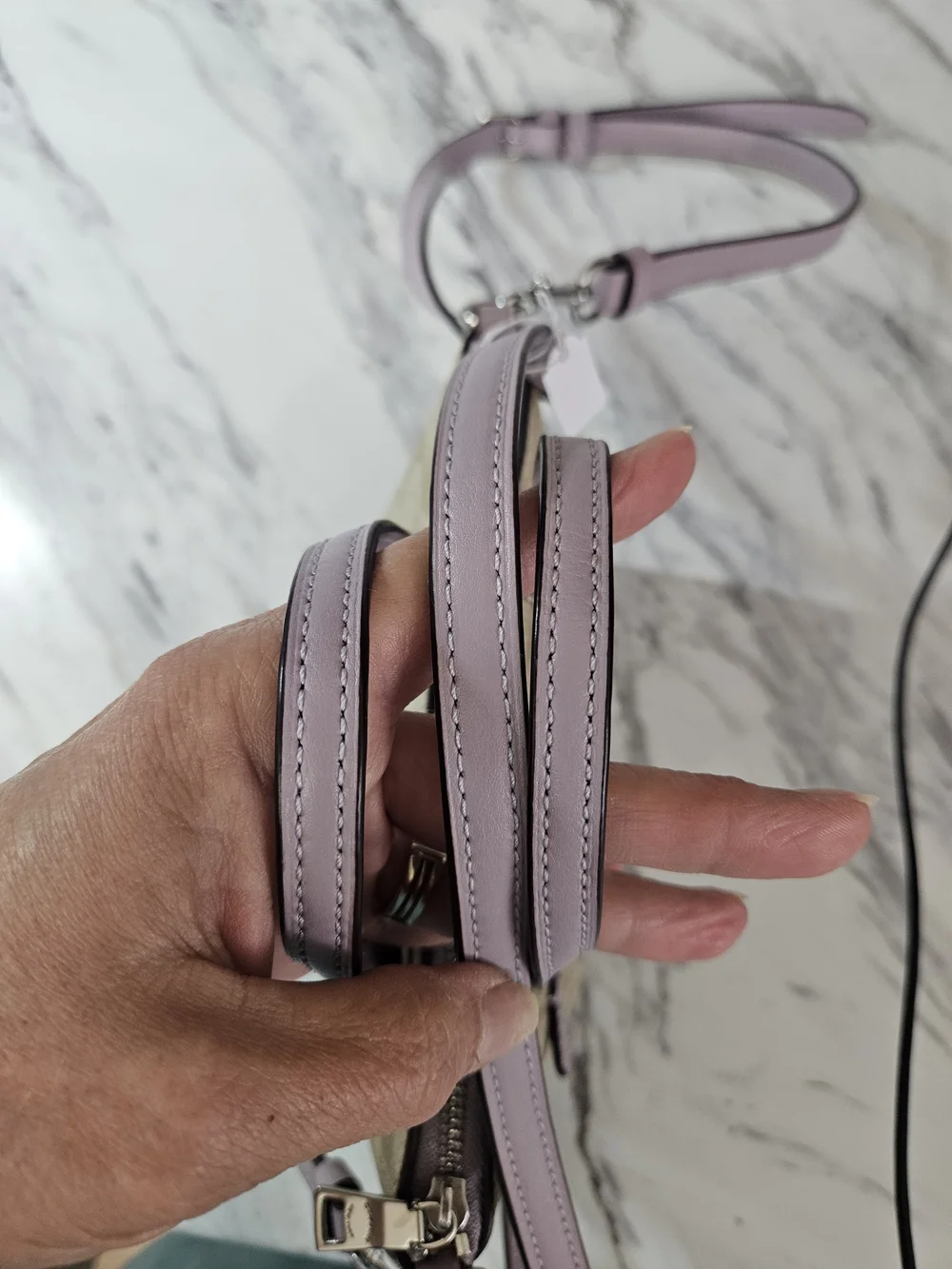 COACH Gallery Mini Canvas Crossbody in Beige with Lavender Trim